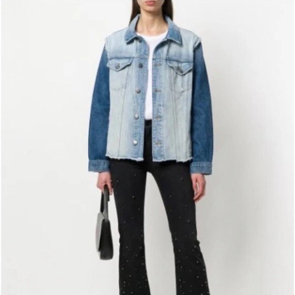 FRAME Denim Le Reconstructed Two-Tone Distressed Jean Jacket Light‎ Blue M $375